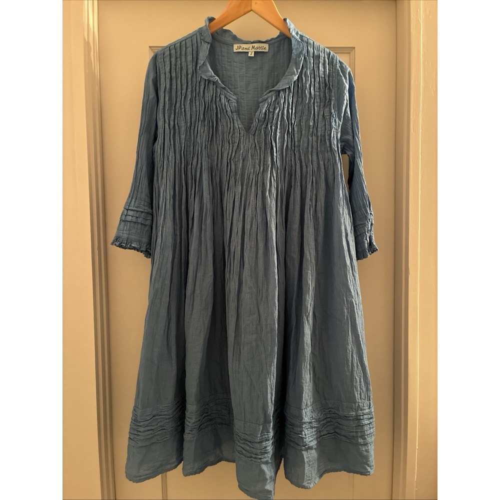 Sundance JP & Mattie Fabienne Dress Boho Lagenlook Blue Crinkle Cotton Small